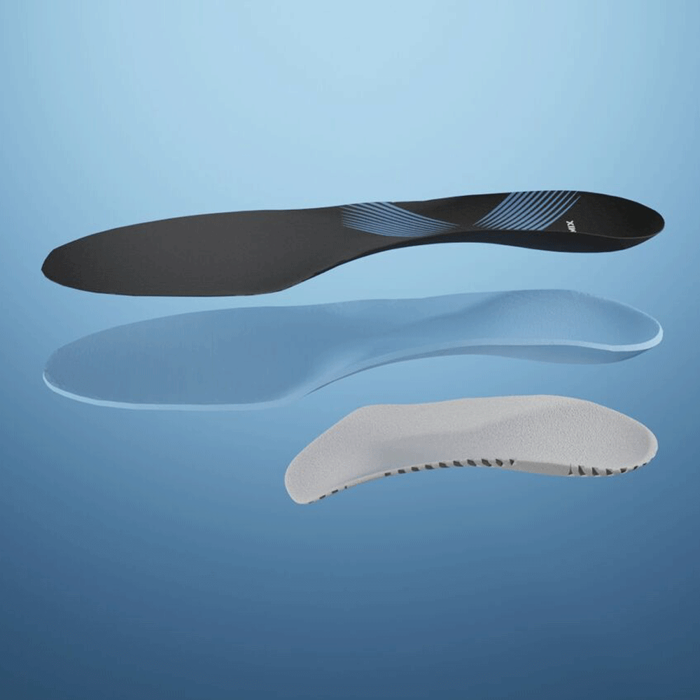 An inside look at the Condition-Specific shoe insole, exposing the top cover, padding, custom bottom shell, and heel pad.