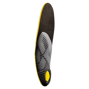 The underside of an orange-colored Comfort-style shoe insole, including the customized 3D printed shell.